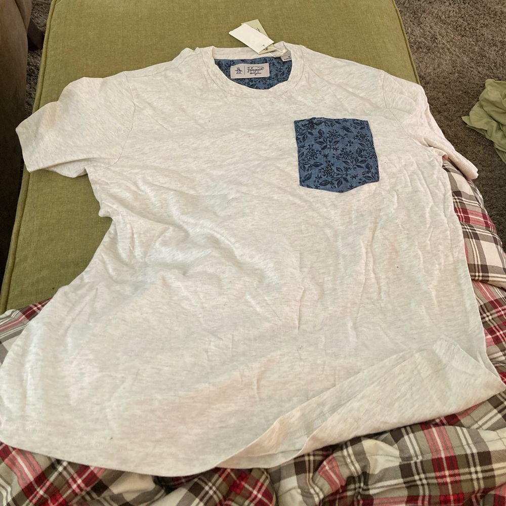 Light Grey Melange T-Shirt blue pocket soft new/tagged Penguin Medium